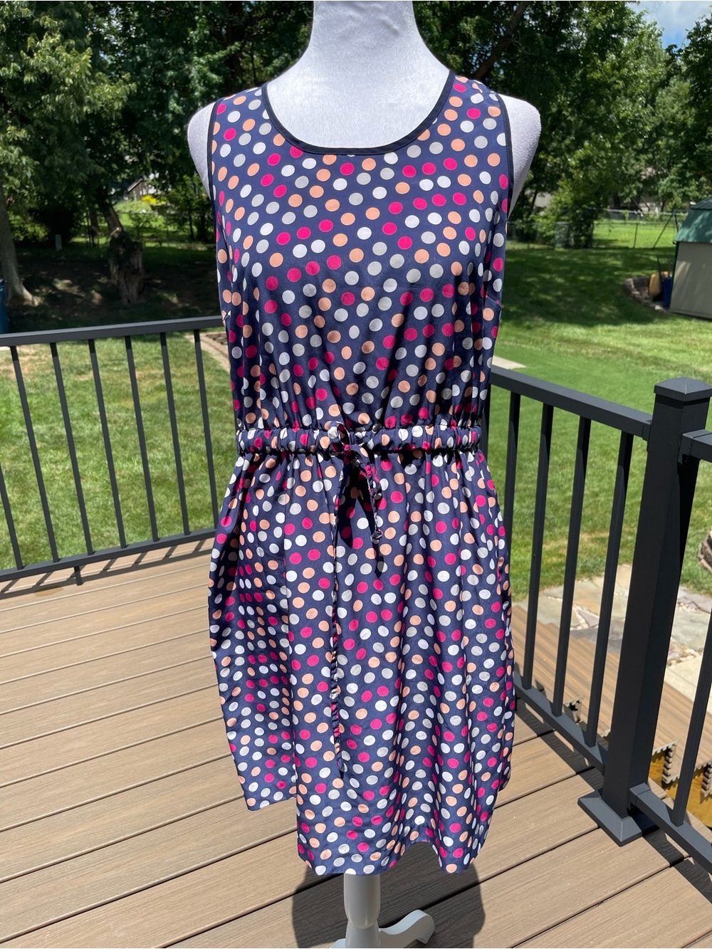 Diane Von Furstenburg Navy Polka Dot Retro Drawstring Sleeveless Sz 2 Dress